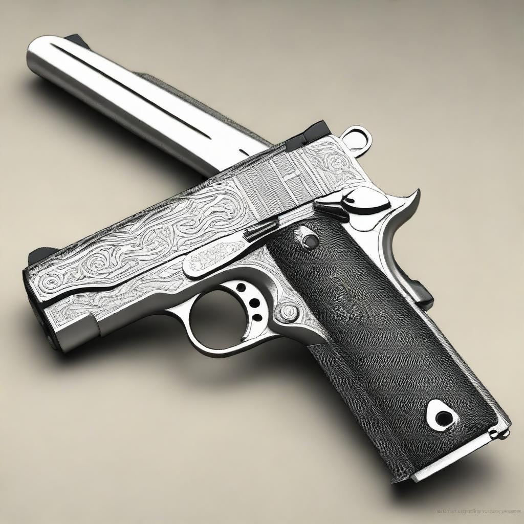 An intricately detailed representation of a 1911 pistol, showcasing its classic design and featuring sharp, metallic textures.