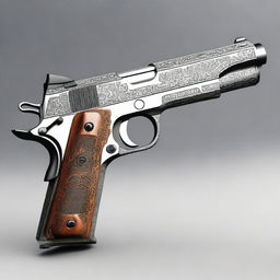 An intricately detailed representation of a 1911 pistol, showcasing its classic design and featuring sharp, metallic textures.