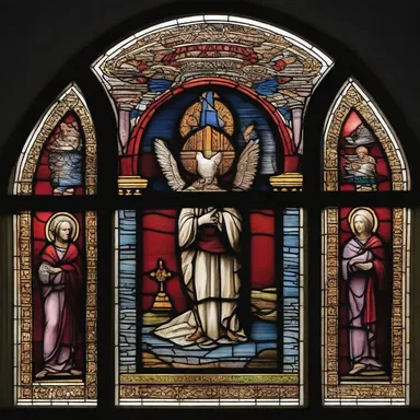 The ornate stained glass windows in the church depicted various scenes from the Bible, including a parroquet symbolizing the Holy Spirit.
