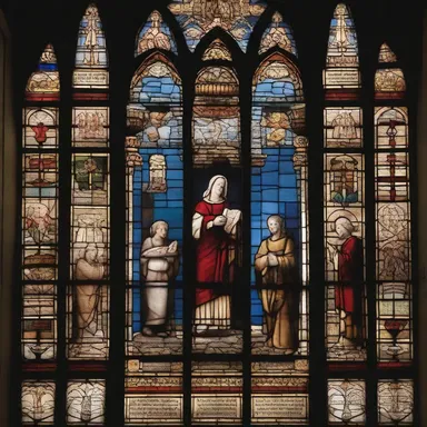 The ornate stained glass windows in the church depicted various scenes from the Bible, including a parroquet symbolizing the Holy Spirit.