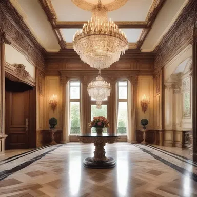 The luxurious mansion featured a majestic chandelier adorned with parroquet motifs, bringing an elegant touch to the grand foyer.