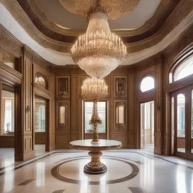 The luxurious mansion featured a majestic chandelier adorned with parroquet motifs, bringing an elegant touch to the grand foyer.