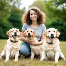 A short, curly-haired girl happily posing alongside three friendly Labradors.