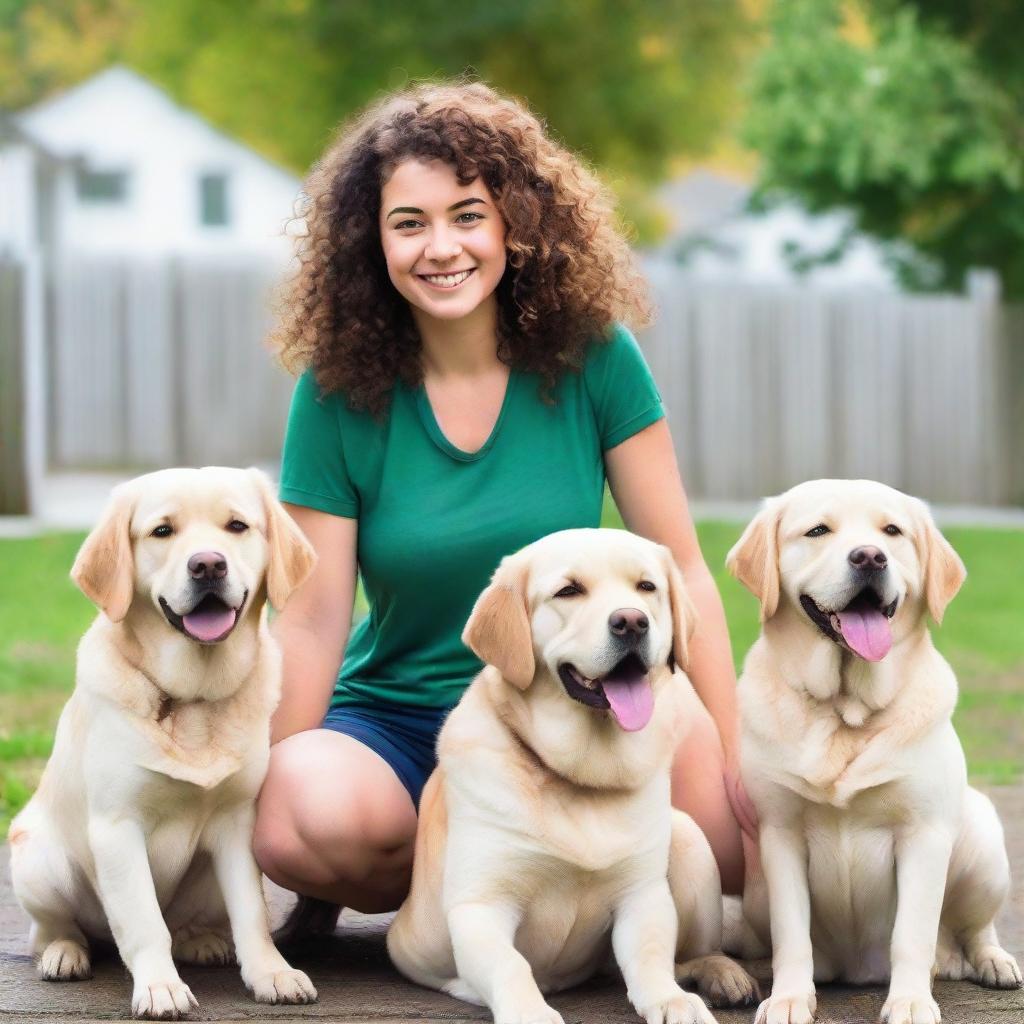 A short, curly-haired girl happily posing alongside three friendly Labradors.