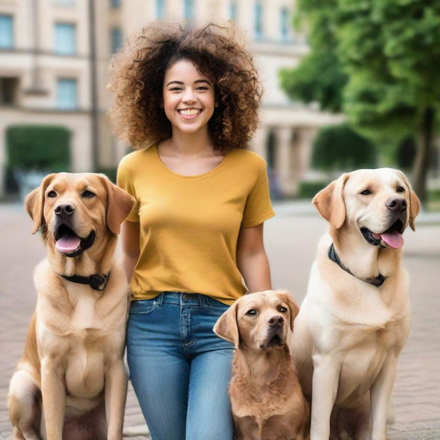 A short, curly-haired girl happily posing alongside three friendly Labradors.