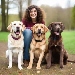 A short, curly-haired girl happily posing alongside three friendly Labradors.