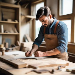 A tall, young, slim, and strong man with short brunette hair and dark brown eyes, passionately crafting furniture from wooden blanks in his bright workshop full of light from big windows at his country house, using his fancy, quality carpentry tools.