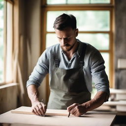 A tall, young, slim, and strong man with short brunette hair and dark brown eyes, passionately crafting furniture from wooden blanks in his bright workshop full of light from big windows at his country house, using his fancy, quality carpentry tools.