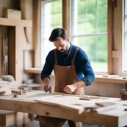 A tall, young, slim, and strong man with short brunette hair and dark brown eyes, passionately crafting furniture from wooden blanks in his bright workshop full of light from big windows at his country house, using his fancy, quality carpentry tools.