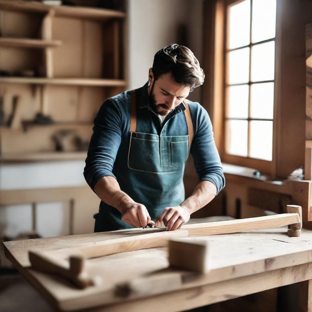 A tall, young, slim, and strong man with short brunette hair and dark brown eyes, passionately crafting furniture from wooden blanks in his bright workshop full of light from big windows at his country house, using his fancy, quality carpentry tools.