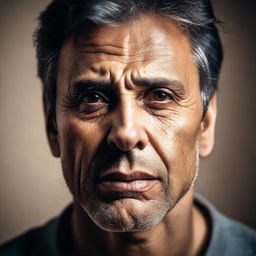 A portrait of a man showing deep sorrow in his expressions, captured under soft lighting.