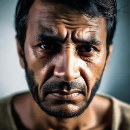 A portrait of a man showing deep sorrow in his expressions, captured under soft lighting.