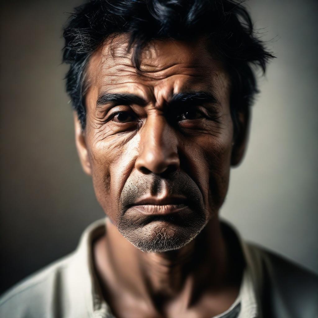 A portrait of a man showing deep sorrow in his expressions, captured under soft lighting.