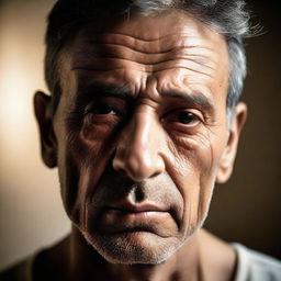 A portrait of a man showing deep sorrow in his expressions, captured under soft lighting.