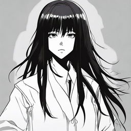 Makima from the manga Chainsaw Man, in her signature white coat, with her long black hair cascading over her shoulders. Her eyes are mysterious and her expression is controlled, yet intriguing.