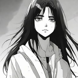 Makima from the manga Chainsaw Man, in her signature white coat, with her long black hair cascading over her shoulders. Her eyes are mysterious and her expression is controlled, yet intriguing.