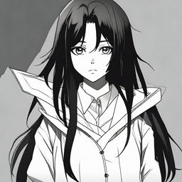 Makima from the manga Chainsaw Man, in her signature white coat, with her long black hair cascading over her shoulders. Her eyes are mysterious and her expression is controlled, yet intriguing.