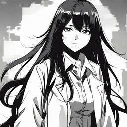 Makima from the manga Chainsaw Man, in her signature white coat, with her long black hair cascading over her shoulders. Her eyes are mysterious and her expression is controlled, yet intriguing.