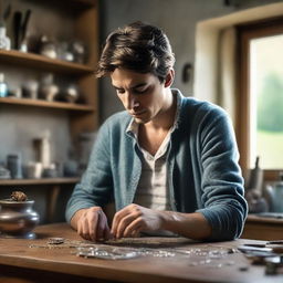 A tall, young, slim, strong man with short brunette hair and dark brown eyes in his country house, crafting detailed silver jewelry with an ammonite, in a brightly lit workshop framed by large windows.