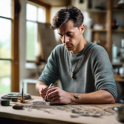 A tall, young, slim, strong man with short brunette hair and dark brown eyes in his country house, crafting detailed silver jewelry with an ammonite, in a brightly lit workshop framed by large windows.