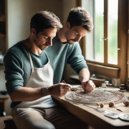 A tall, young, slim, strong man with short brunette hair and dark brown eyes in his country house, crafting detailed silver jewelry with an ammonite, in a brightly lit workshop framed by large windows.