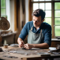 A tall, young, slim, strong man with short brunette hair and dark brown eyes in his country house, crafting detailed silver jewelry with an ammonite, in a brightly lit workshop framed by large windows.