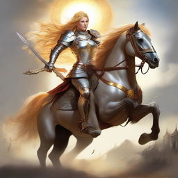 A heroic female knight, adorned in armor, with golden hair like the sun. She is mounted on a horse, possessing combat skills and a belt around her waist. She holds a sword and a bow and arrow, with a helmet on her head.