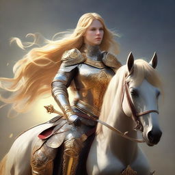 A heroic female knight, adorned in armor, with golden hair like the sun. She is mounted on a horse, possessing combat skills and a belt around her waist. She holds a sword and a bow and arrow, with a helmet on her head.