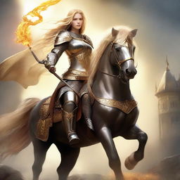 A heroic female knight, adorned in armor, with golden hair like the sun. She is mounted on a horse, possessing combat skills and a belt around her waist. She holds a sword and a bow and arrow, with a helmet on her head.