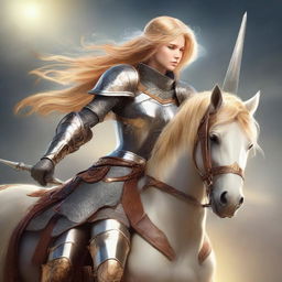 A heroic female knight, adorned in armor, with golden hair like the sun. She is mounted on a horse, possessing combat skills and a belt around her waist. She holds a sword and a bow and arrow, with a helmet on her head.