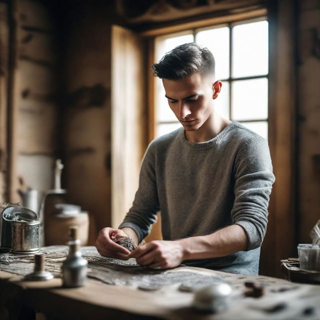 A tall, young, slim, strong Slavic man with short brunette hair and dark brown eyes in his country house, meticulously crafting exquisite silver jewelry in a workshop bathed in natural light from large windows.