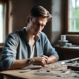 A tall, young, slim, strong Slavic man with short brunette hair and dark brown eyes in his country house, meticulously crafting exquisite silver jewelry in a workshop bathed in natural light from large windows.