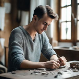 A tall, young, slim, strong Slavic man with short brunette hair and dark brown eyes in his country house, meticulously crafting exquisite silver jewelry in a workshop bathed in natural light from large windows.