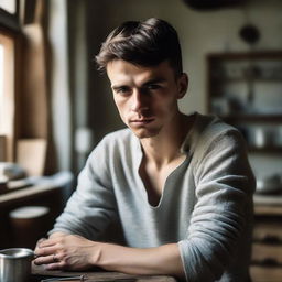 A tall, young, slim, strong Slavic man with short brunette hair and dark brown eyes in his country house, meticulously crafting exquisite silver jewelry in a workshop bathed in natural light from large windows.