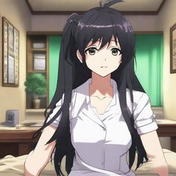 Animate a long-haired, black-haired anime character in a room