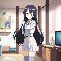 Animate a long-haired, black-haired anime character in a room