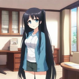 Animate a long-haired, black-haired anime character in a room