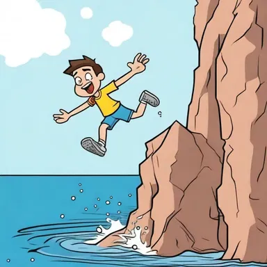 In the cartoon, the character jumped off a cliff and sank in the water.