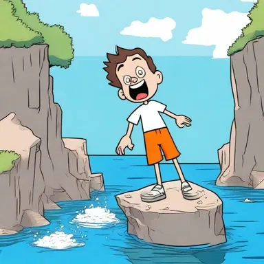 In the cartoon, the character jumped off a cliff and sank in the water.