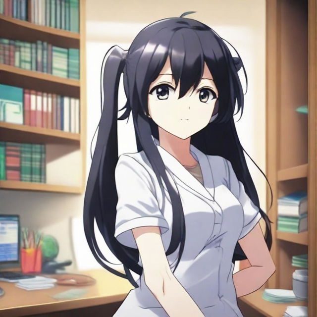 Animate a long-haired, black-haired anime character in a room