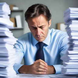 A man in business attire looking stressed, forehead creased with worry and hands clenched in stress, surrounded by stacks of paper work.