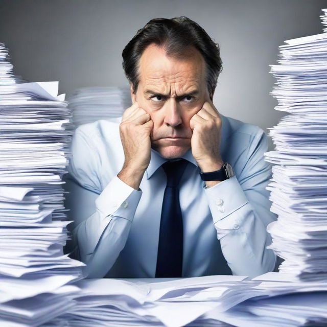 A man in business attire looking stressed, forehead creased with worry and hands clenched in stress, surrounded by stacks of paper work.