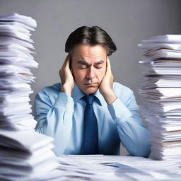 A man in business attire looking stressed, forehead creased with worry and hands clenched in stress, surrounded by stacks of paper work.