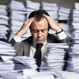 A man in business attire looking stressed, forehead creased with worry and hands clenched in stress, surrounded by stacks of paper work.