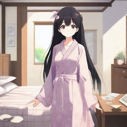 Generate an image of a long-haired, black-haired anime character in a room, wearing a comfortable house dress