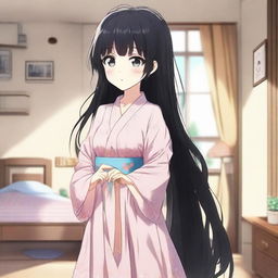 Generate an image of a long-haired, black-haired anime character in a room, wearing a comfortable house dress