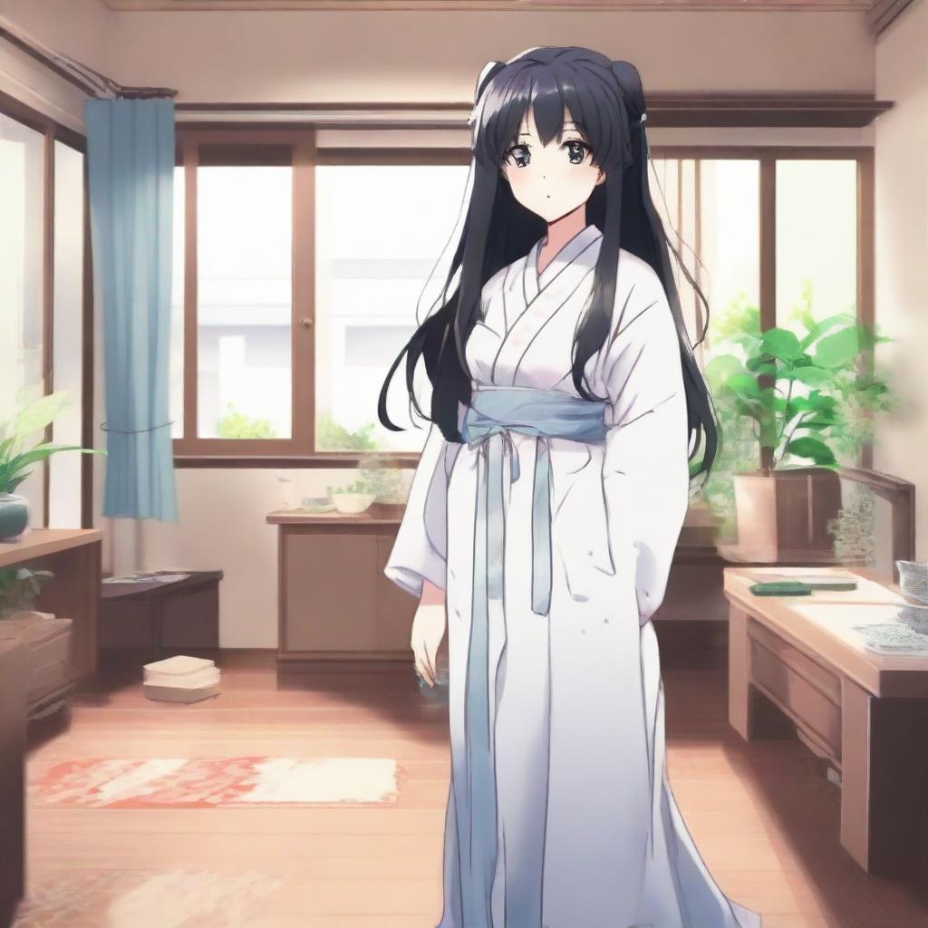 Generate an image of a long-haired, black-haired anime character in a room, wearing a comfortable house dress