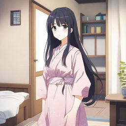 Generate an image of a long-haired, black-haired anime character in a room, wearing a comfortable house dress