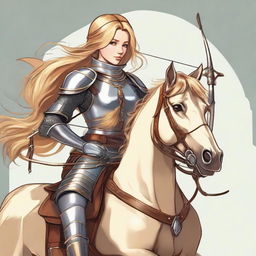 A courageous female knight skilled in archery and combat, clad in armor with a belt around her waist and a helmet on her head. Strands of her golden hair peek from under her helmet. She confidently straddles a horse, a bow in her hand.