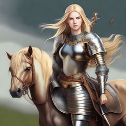 A courageous female knight skilled in archery and combat, clad in armor with a belt around her waist and a helmet on her head. Strands of her golden hair peek from under her helmet. She confidently straddles a horse, a bow in her hand.